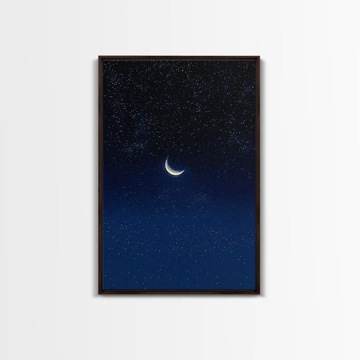 Glowing Crescent Moon Blue Star Field Canvas Print, Celestial Night Sky Poster, Modern Wall Decor, Dreamy Bedroom Art Print