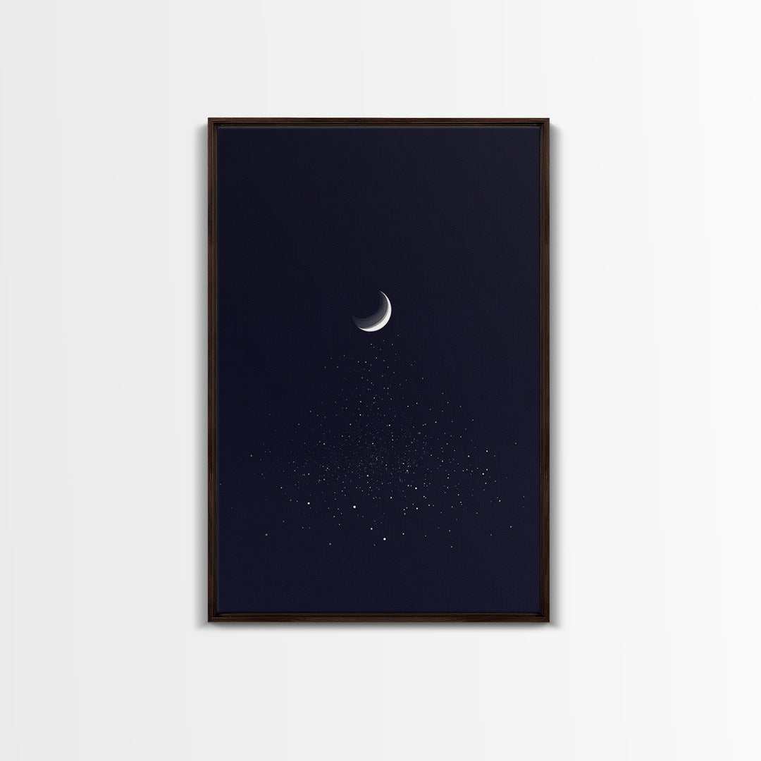 Silver Crescent Moon With Falling Stars Framed Canvas Print, Minimal Celestial Wall Decor, Navy Bedroom Art, Mystical Poster
