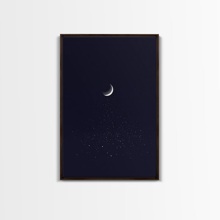 Silver Crescent Moon With Falling Stars Framed Canvas Print, Minimal Celestial Wall Decor, Navy Bedroom Art, Mystical Poster