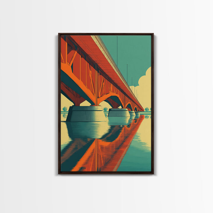 Orange Steel Bridge Reflection Wall Art, Retro Travel Poster, Midcentury Modern Decor, Architectural Art Print For Living Room