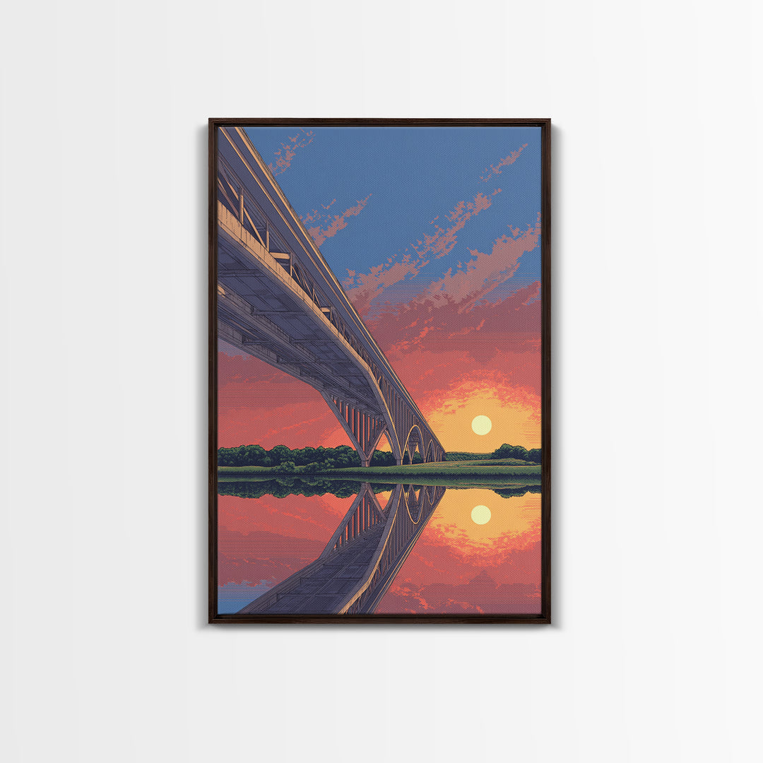 Sunset Bridge Reflection Wall Art, Pink Orange Sky Landscape Poster, Retro Travel Print, Modern Home Decor, Scenic Canvas Print