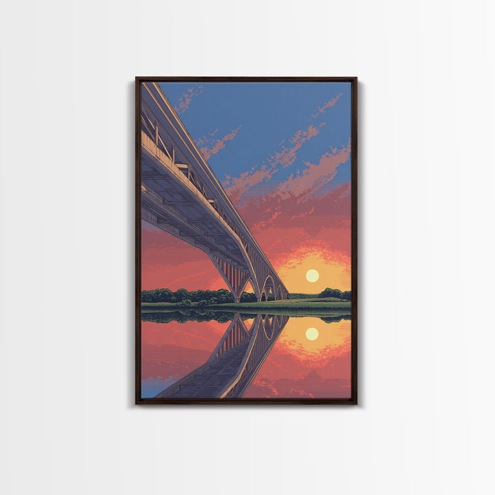 Sunset Bridge Reflection Wall Art, Pink Orange Sky Landscape Poster, Retro Travel Print, Modern Home Decor, Scenic Canvas Print