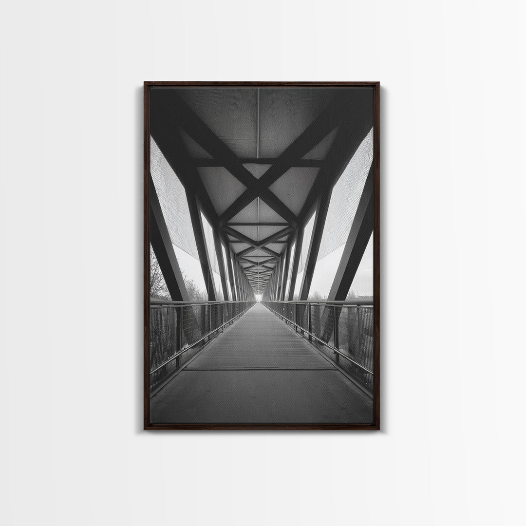 Black And White Pedestrian Bridge Wall Art, Architectural Perspective Print, Modern Office Decor, Minimalist Framed Canvas Print