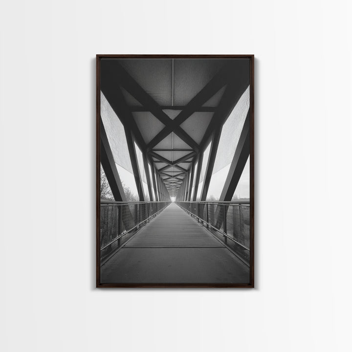 Black And White Pedestrian Bridge Wall Art, Architectural Perspective Print, Modern Office Decor, Minimalist Framed Canvas Print
