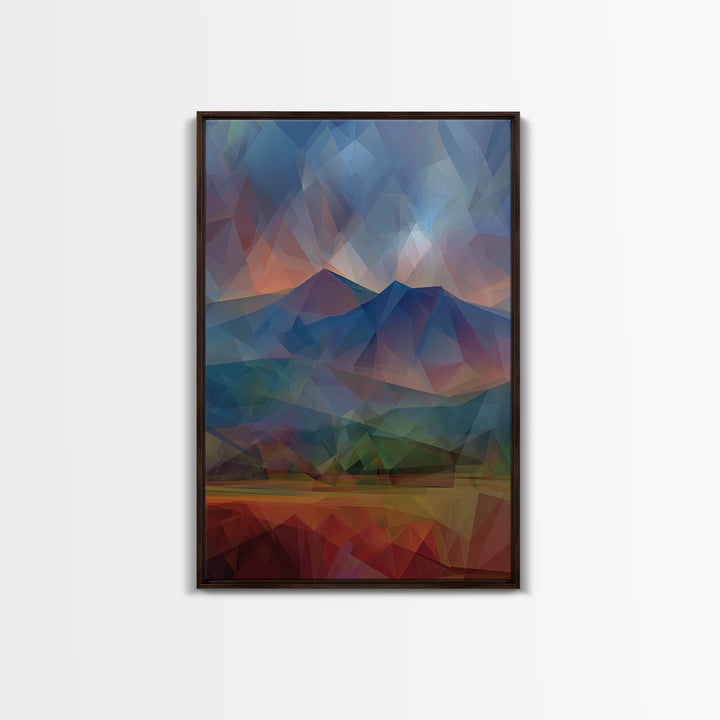 Low Poly Blue Mountain Peaks At Dusk Canvas Print, Abstract Landscape Wall Art, Modern Home Decor, Scenic Nature Poster Print