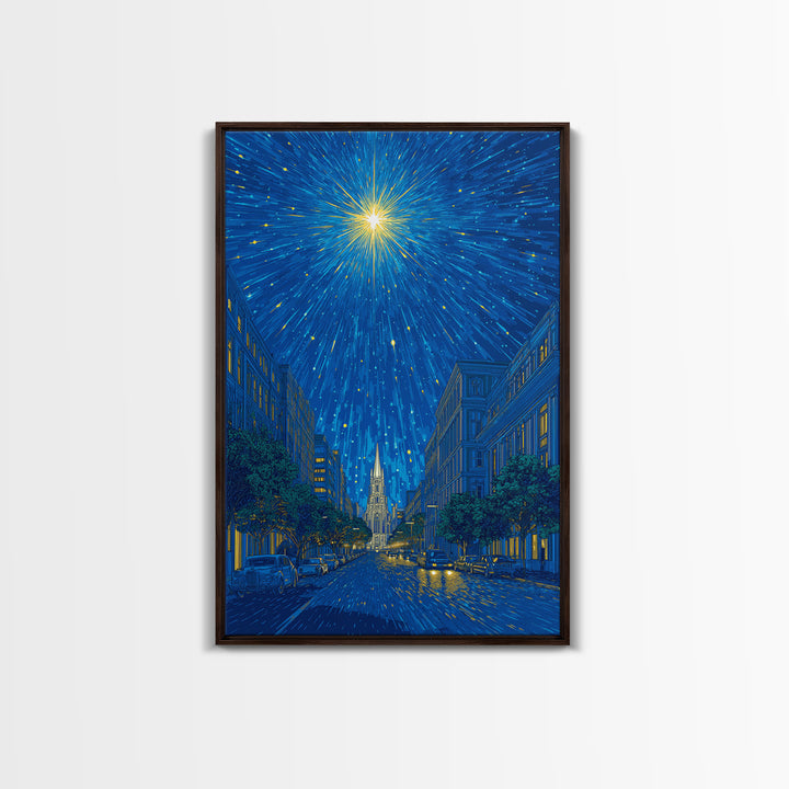Radiant Starburst Above Blue City Street Canvas Print, Night Skyline Wall Art, Modern Travel Poster, Gothic Cathedral Decor