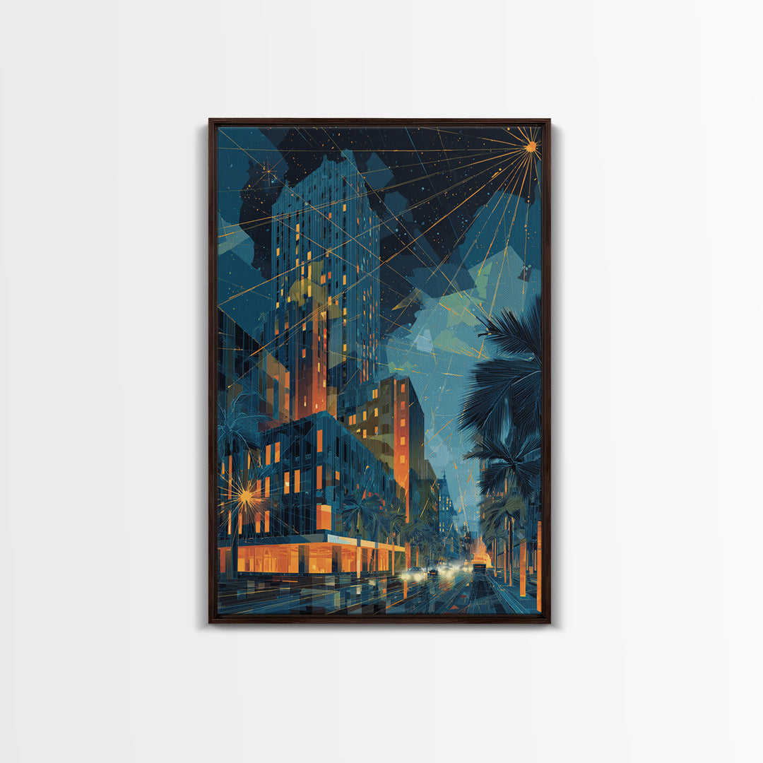 Glowing Art Deco Night City With Palms Wall Art, Mid Century Modern Poster, Retro Urban Decor, Blue Orange Living Room Print