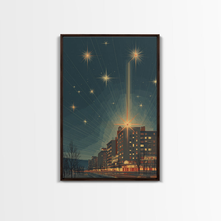 Radiant Starburst Skyline Over Waterfront Wall Art, Mid Century Modern City Print, Retro Night Decor, Office Poster Gift