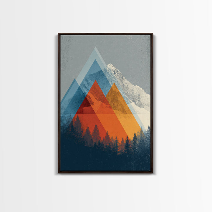 Snowy Alpine Peak With Orange Blue Triangles Framed Canvas Print, Mid Century Modern Wall Art, Forest Landscape Decor Print