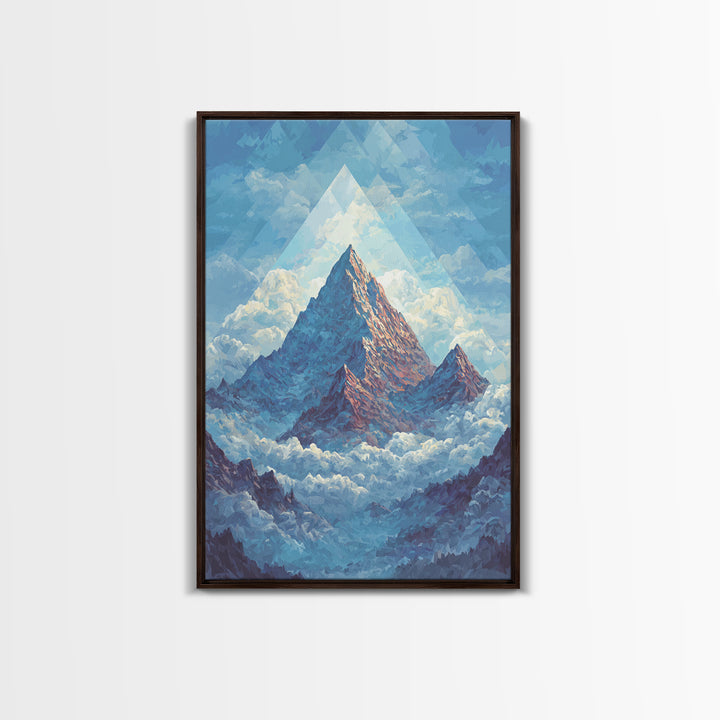 Snowy Peak Rising Above Clouds Framed Canvas Print, Mid Century Modern Wall Art, Blue Mountain Landscape Office Decor Poster