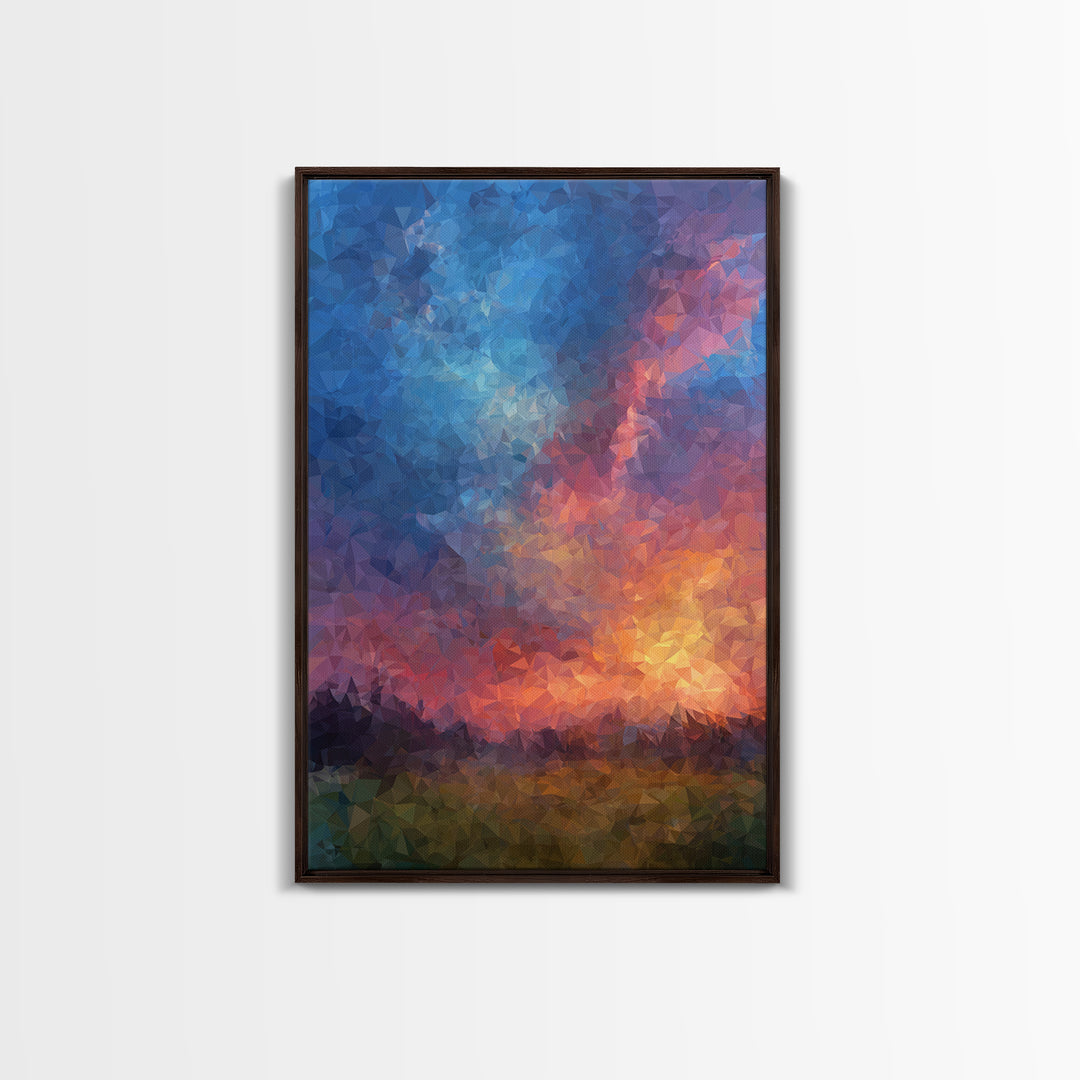 Polygon Sunset Sky With Blue Pink Clouds Wall Art, Colorful Landscape Poster, Abstract Nature Art, Modern Bedroom Decor Print