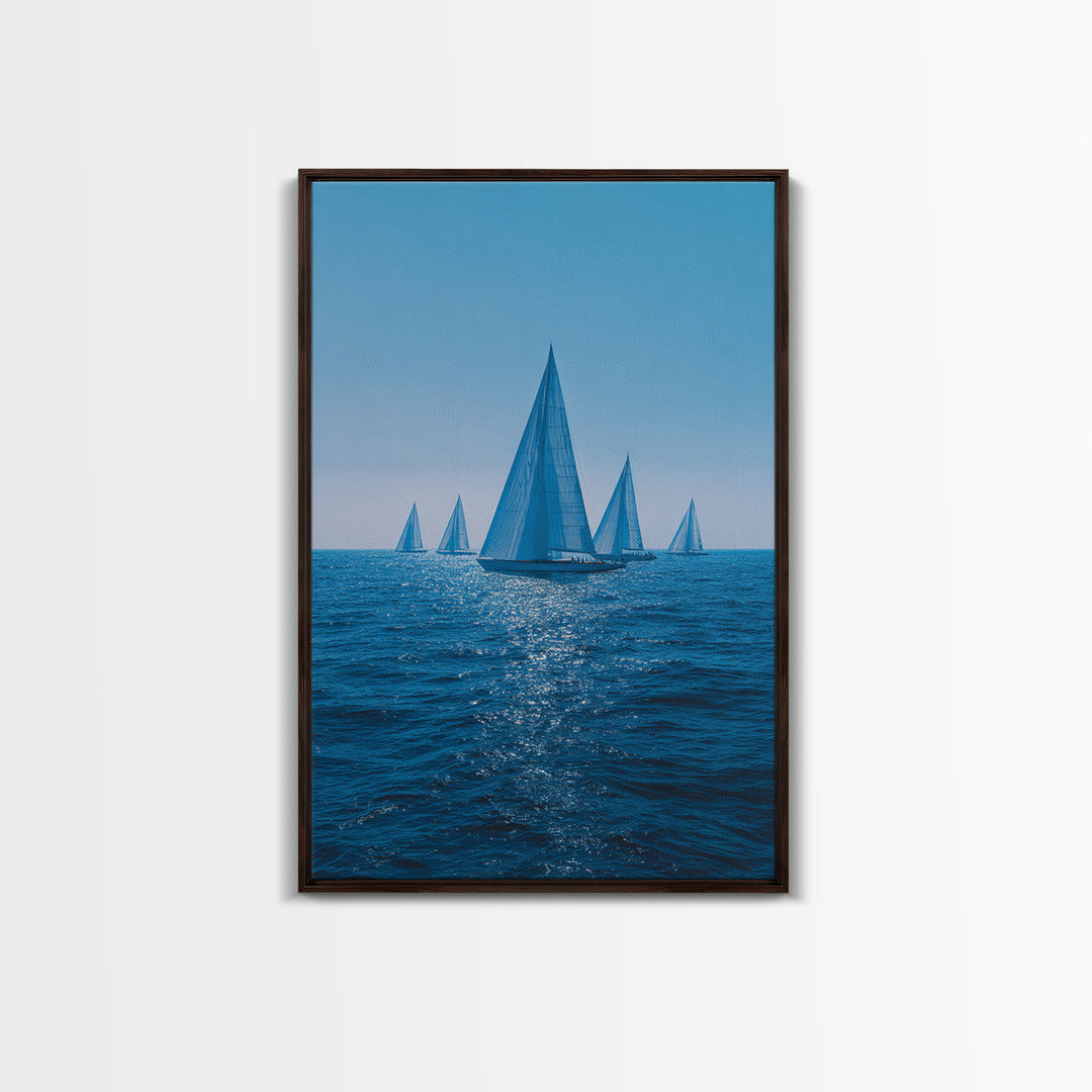 Blue Sailboats On Sparkling Ocean Wall Art, Mid Century Modern Canvas Print, Nautical Coastal Decor, Beach House Poster Gift