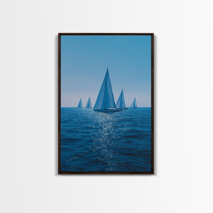 Blue Sailboats On Sparkling Ocean Wall Art, Mid Century Modern Canvas Print, Nautical Coastal Decor, Beach House Poster Gift
