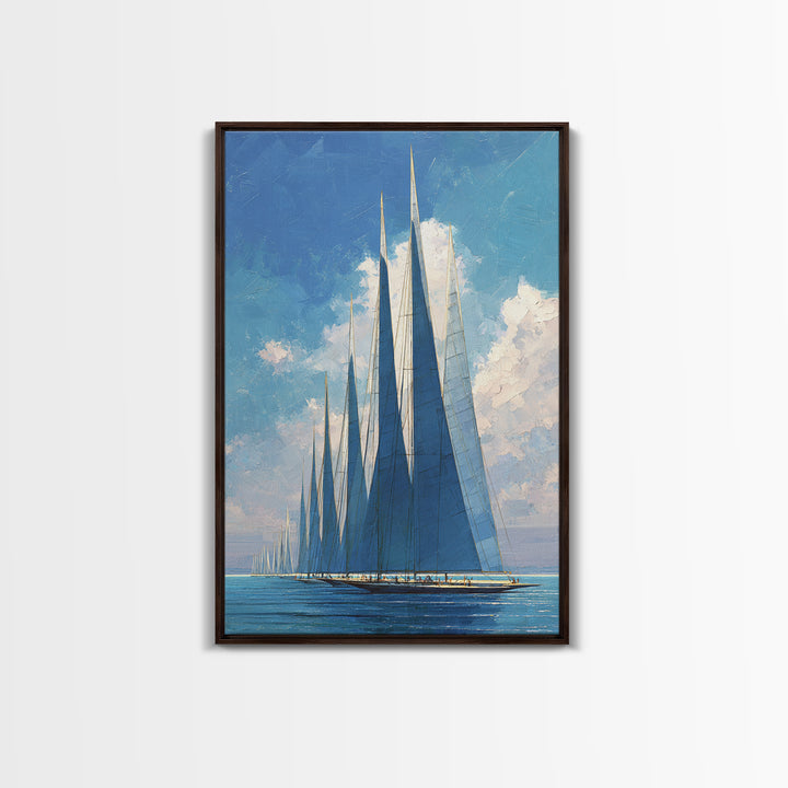 Blue Sailboat Fleet On Sparkling Sea Wall Art, Nautical Coastal Decor, Modern Art Print, Living Room Ocean Canvas, Boat Lover Gift