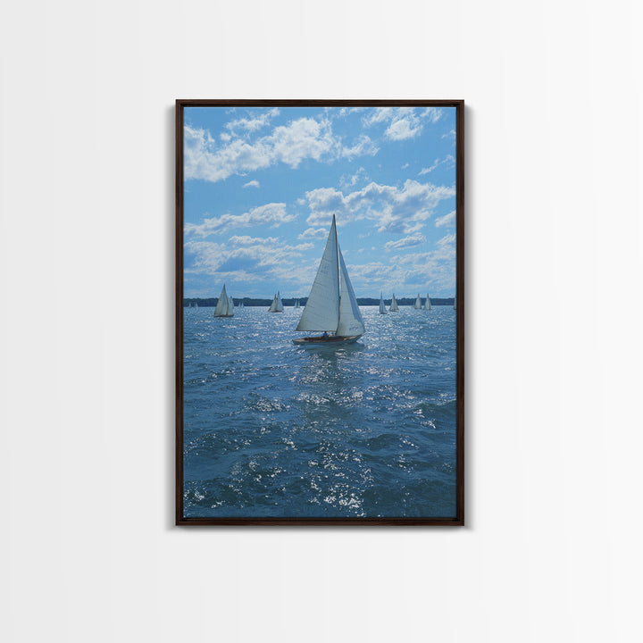 White Sailboats On Sparkling Blue Lake Wall Art, Coastal Travel Poster, Nautical Living Room Decor, Boat Lover Gift, Office Decor