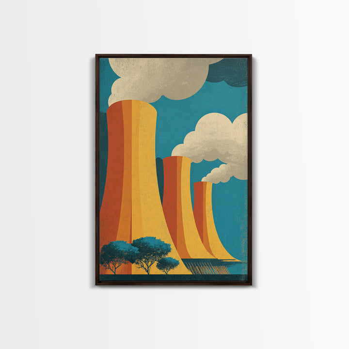 Three Orange Cooling Towers With Steam Framed Canvas Print, Industrial Wall Art, Retro Modern Decor, Power Plant Posters