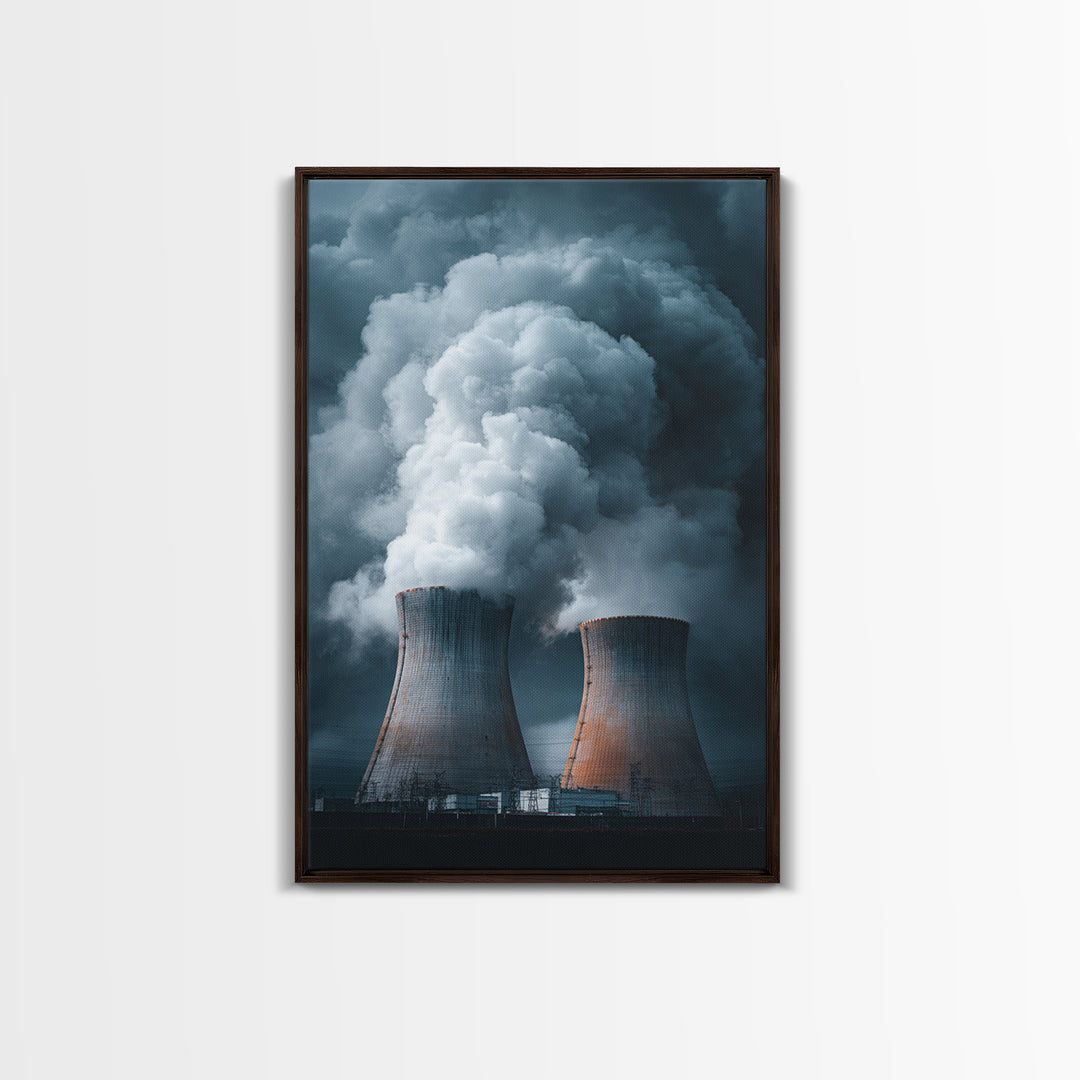 Dark Cooling Towers Under Storm Clouds Wall Art, Industrial Photography Print, Modern Office Decor, Dramatic Power Plant