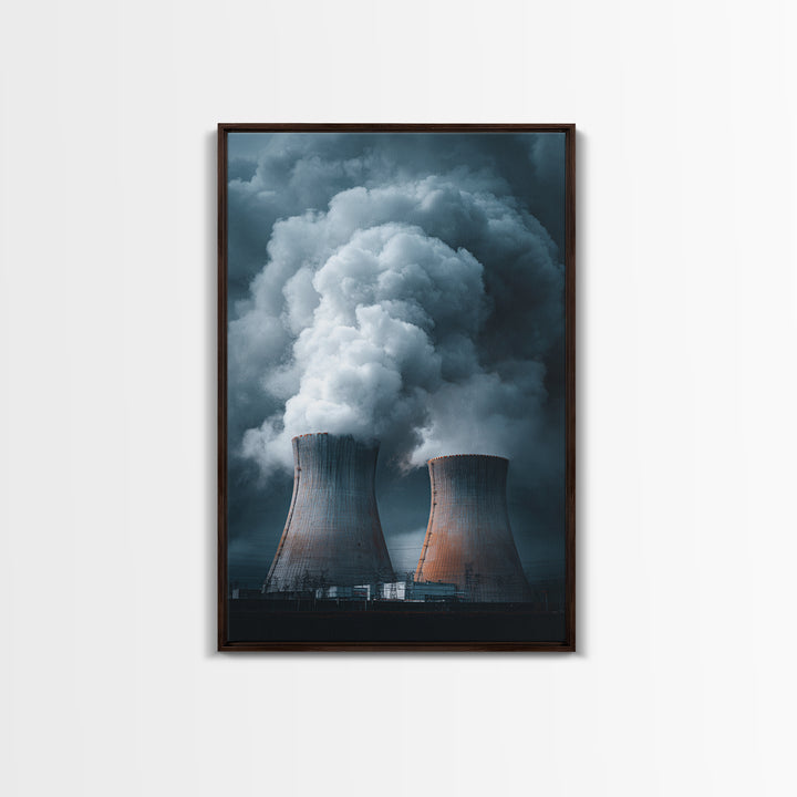 Dark Cooling Towers Under Storm Clouds Wall Art, Industrial Photography Print, Modern Office Decor, Dramatic Power Plant