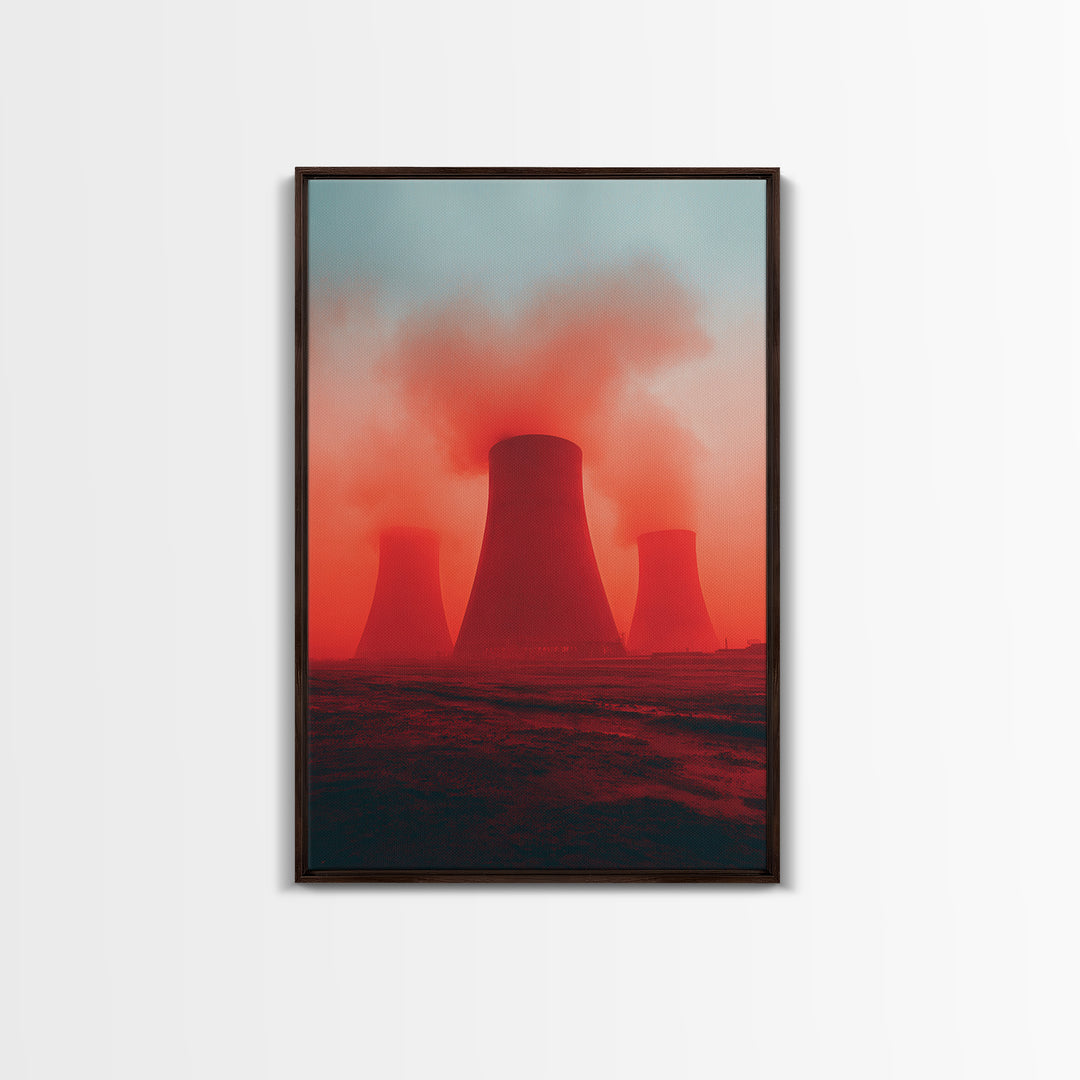 Red Fog Cooling Towers At Dusk Canvas Print, Industrial Landscape Wall Art, Moody Modern Decor, Power Plant Poster, Statement Piece