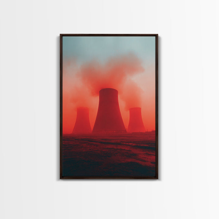 Red Fog Cooling Towers At Dusk Canvas Print, Industrial Landscape Wall Art, Moody Modern Decor, Power Plant Poster, Statement Piece