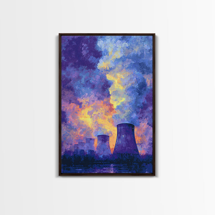 Purple Sunset Cooling Towers With Colorful Smoke Wall Art, Industrial Modern Art Print, Dramatic Office Decor, Energy Poster
