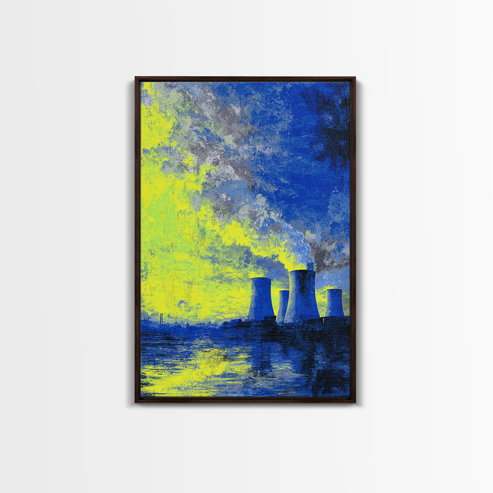 Blue Yellow Power Plant Across Water Canvas Print, Industrial Wall Art, Modern Abstract Decor, Bold Office Poster, Statement Piece