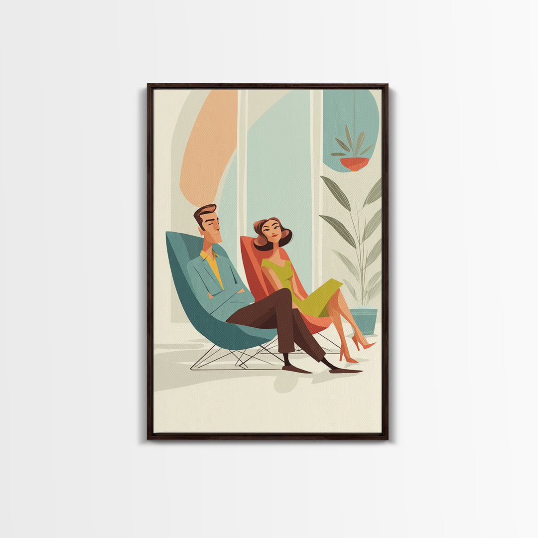 Elegant Midcentury Couple In Teal Chair Framed Canvas Print, Modern Wall Art, Retro Home Decor, MCM Gallery Wall Print Gift
