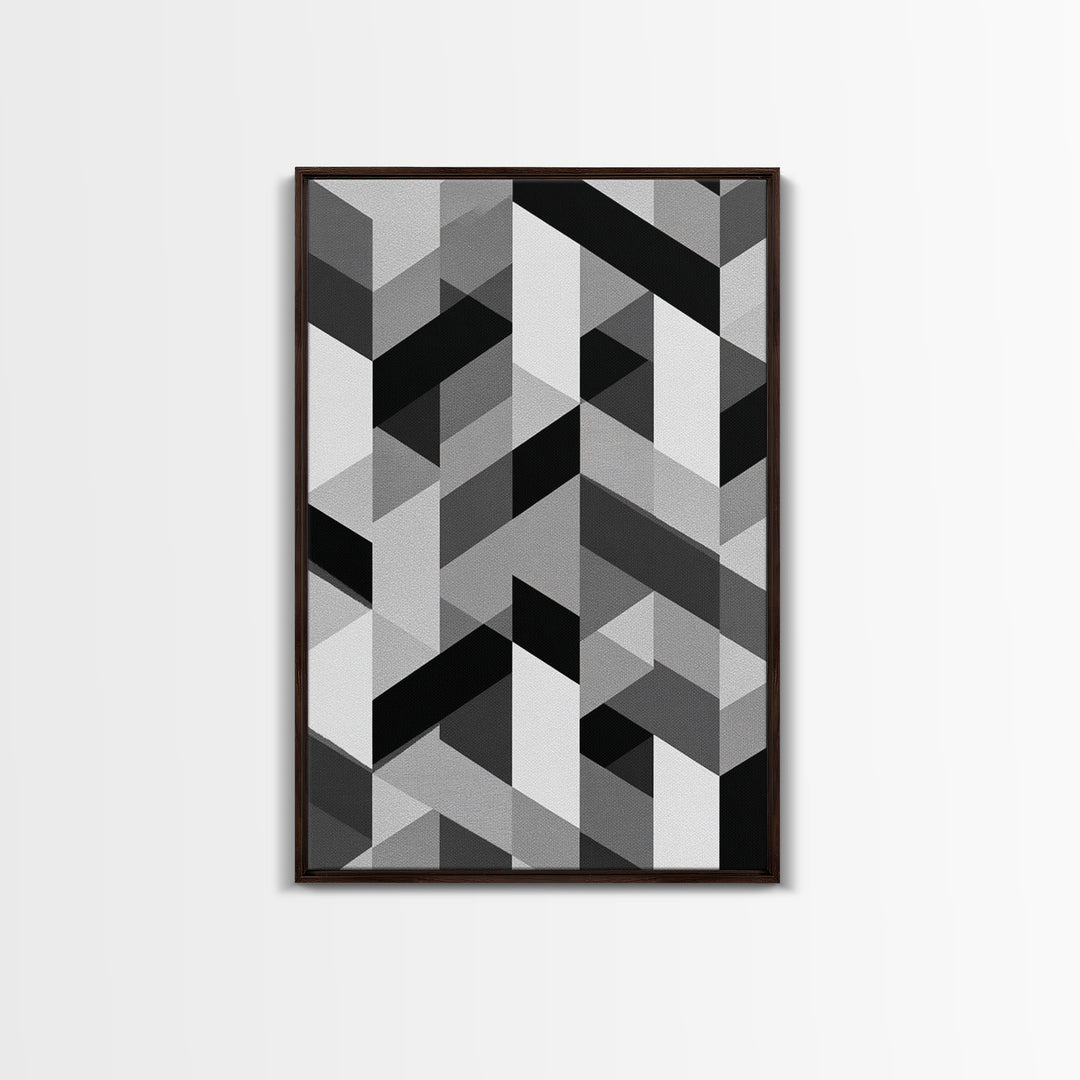 Grayscale Cubist Geometric Pattern Wall Art, Modern Abstract Art Print, Black White Office Decor, MCM Home Decor Canvas Print