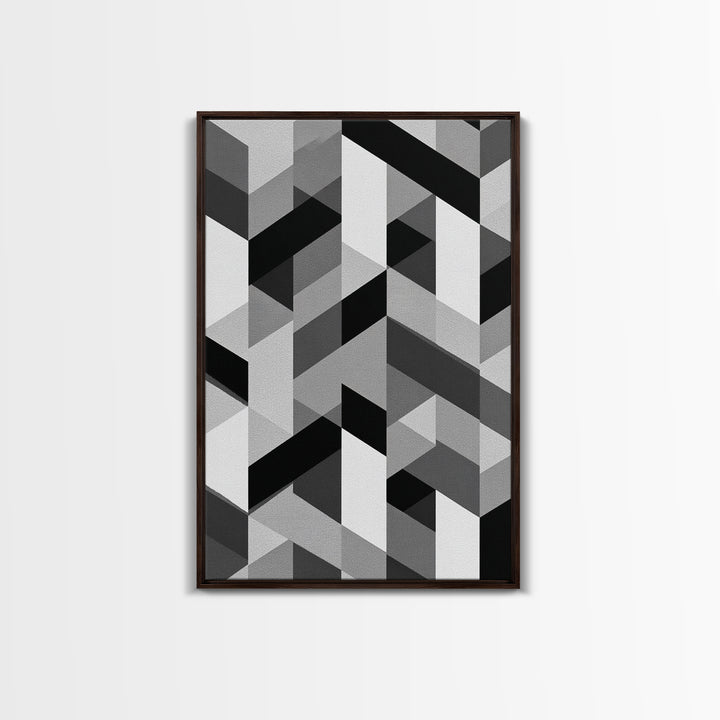 Grayscale Cubist Geometric Pattern Wall Art, Modern Abstract Art Print, Black White Office Decor, MCM Home Decor Canvas Print