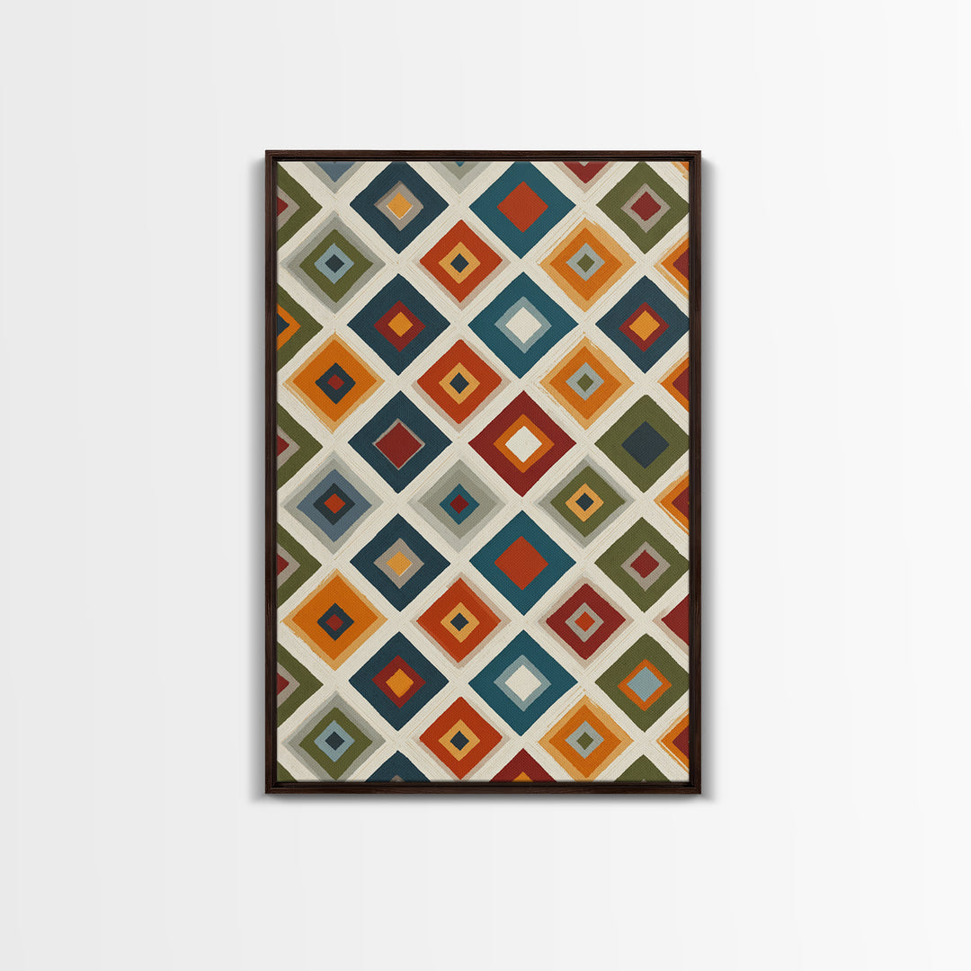 Retro Diamond Tile Pattern Wall Art, Midcentury Modern Decor, Geometric Canvas Print, Earth Tone MCM Gallery Wall Decor Print