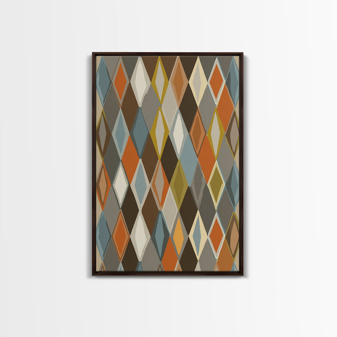 Earthy Argyle Diamond Pattern Framed Canvas Print, Mid Century Modern Wall Decor, Retro Geometric Abstract Art, Orange Blue