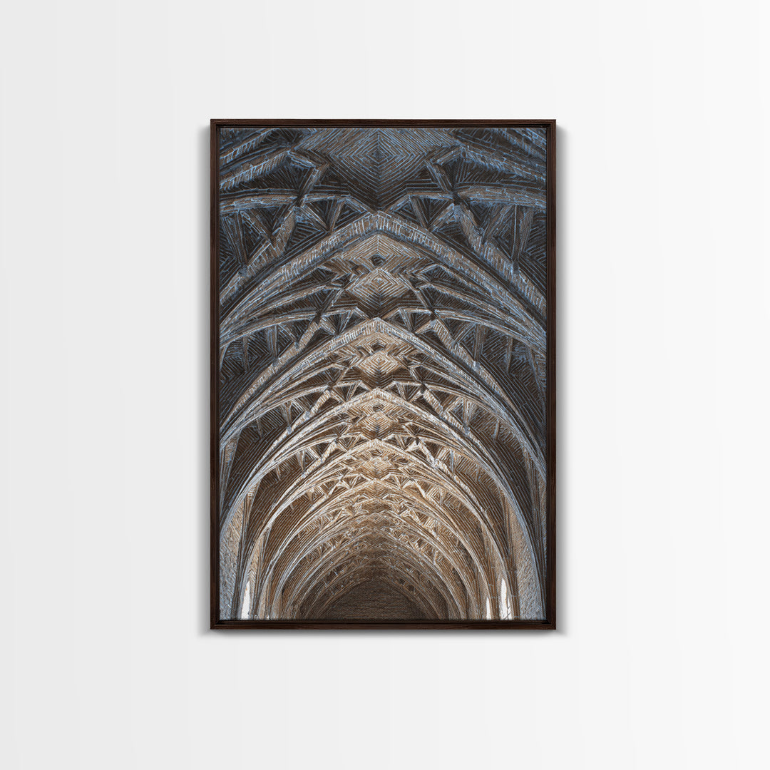 Gothic Vaulted Ceiling Architecture Wall Art, Cathedral Arches Perspective Print, Modern Geometric Decor, Blue Brown Tones