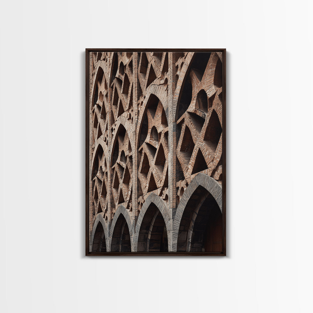 Brick Arch Facade Architecture Canvas Print, Geometric Gothic Arches Wall Decor, Modern Rustic Photo Art, Brown Black Texture