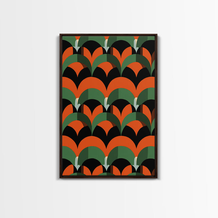 Orange Green Art Deco Fan Pattern Wall Art, Mid Century Modern Abstract Print, Retro Scallop Decor, Bold Black Canvas Home Decor