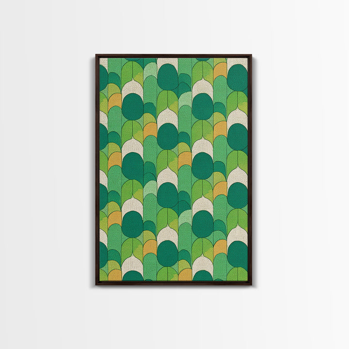 Green Botanical Oval Leaf Pattern Canvas Print, Mid Century Modern Wall Decor, Retro Nature Art, Textured Sage Teal Yellow