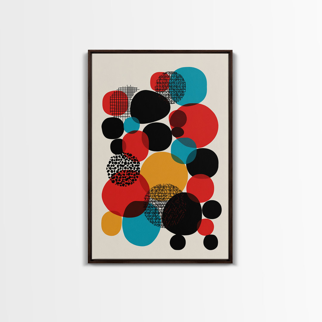 Red Teal Black Circle Cluster Canvas Print, Mid Century Modern Abstract Art, Retro Geometric Wall Decor, Mustard Cream Poster