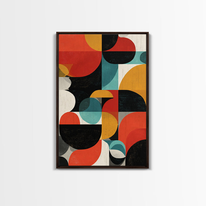 Bauhaus Blocks And Circles Framed Canvas Print, Mid Century Modern Abstract Wall Decor, Retro Geometric Art, Red Teal Mustard