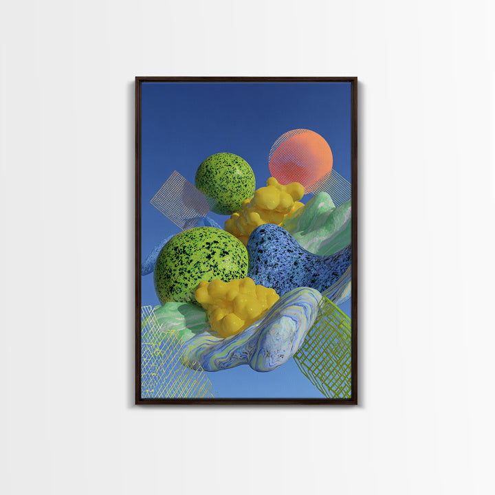 Surreal Speckled Planets And Mesh Mountains Canvas Print, Bright Midcentury Modern Abstract Wall Decor, Colorful Retro Art