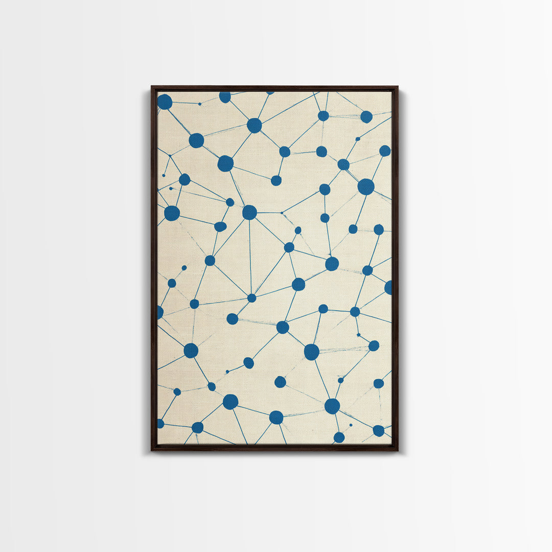 Blue Constellation Dot Pattern Canvas Print, Midcentury Modern Geometric Wall Art, Minimal Abstract Linen Home Office Decor
