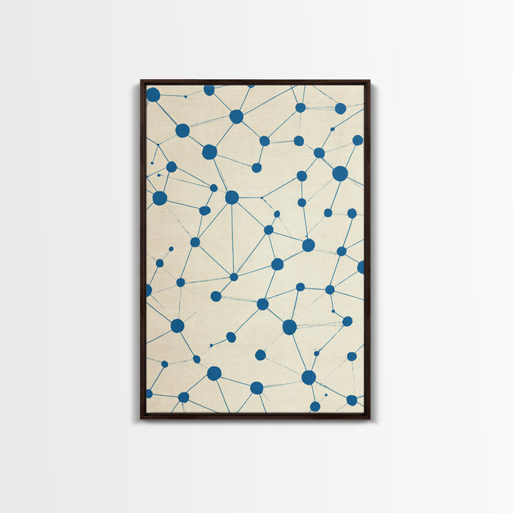 Blue Constellation Dot Pattern Canvas Print, Midcentury Modern Geometric Wall Art, Minimal Abstract Linen Home Office Decor