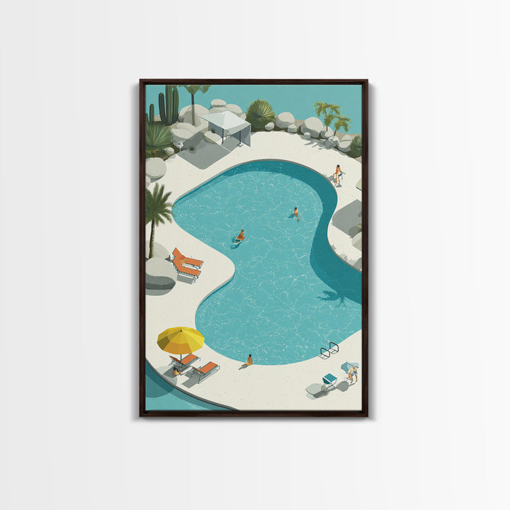 Aerial Desert Pool With Palms Wall Art, Midcentury Modern Palm Springs Print, Retro Vacation Resort Living Room Home Decor