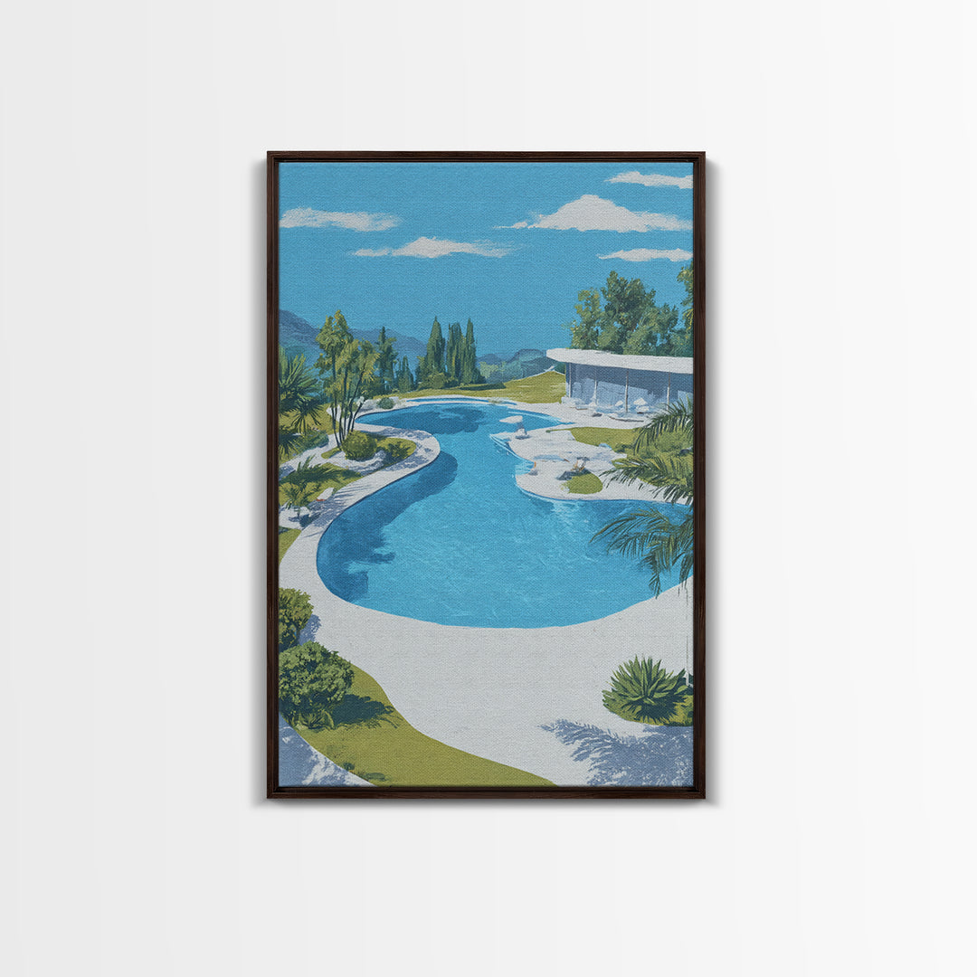 Midcentury Pool And Glass House Landscape Canvas Print, Palm Springs Modern Wall Art, Retro Architecture Living Room Home Decor