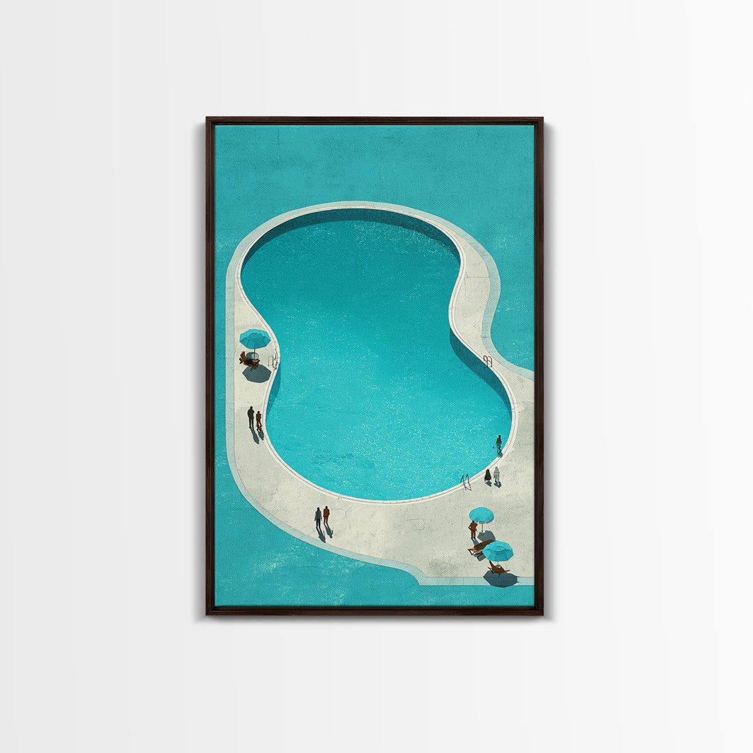 Minimal Turquoise Resort Pool Framed Canvas Print, Midcentury Modern Wall Art, Palm Springs Retro Travel Poster Living Room Decor