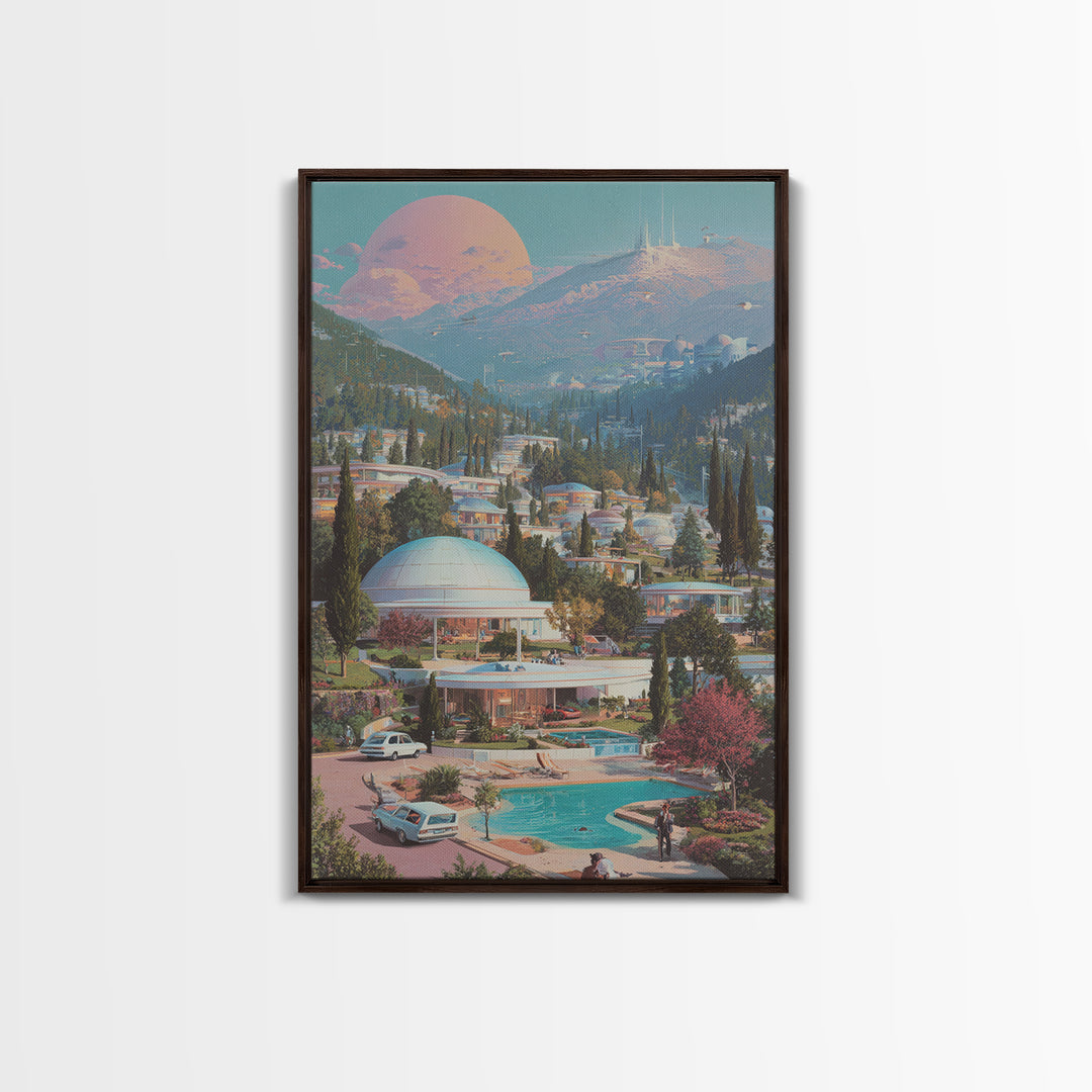 Futuristic Mountain Resort With Pink Moon Wall Art, Midcentury Modern Sci Fi Poster, Retro Travel Print, Scenic Home Decor