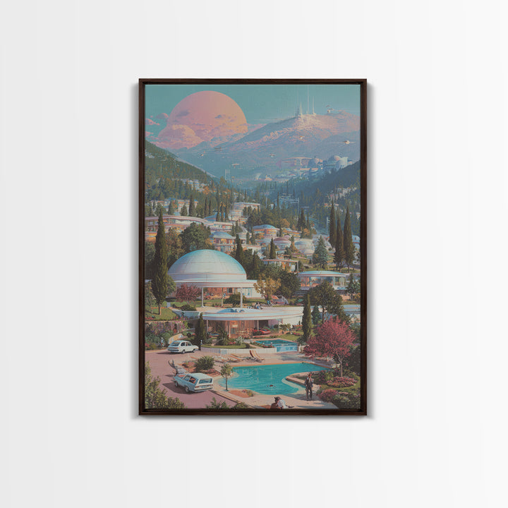 Futuristic Mountain Resort With Pink Moon Wall Art, Midcentury Modern Sci Fi Poster, Retro Travel Print, Scenic Home Decor