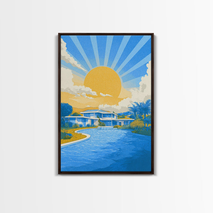 Blue Poolside Modern House With Sun Rays Framed Canvas Print, Mid Century Modern Wall Art, Tropical Palm Springs Decor Poster