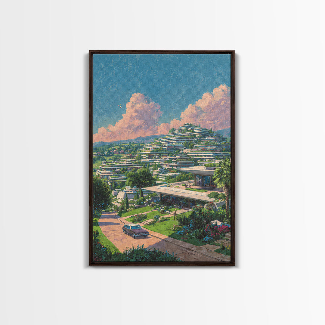 Terraced Hillside Utopia With Pink Clouds Wall Art, Midcentury Modern Architecture Poster, Colorful Landscape Home Decor