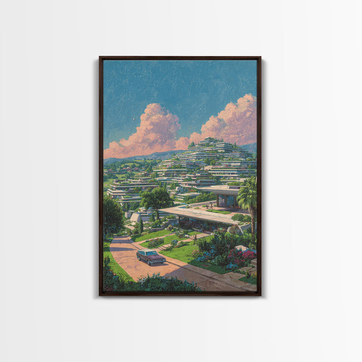 Terraced Hillside Utopia With Pink Clouds Wall Art, Midcentury Modern Architecture Poster, Colorful Landscape Home Decor