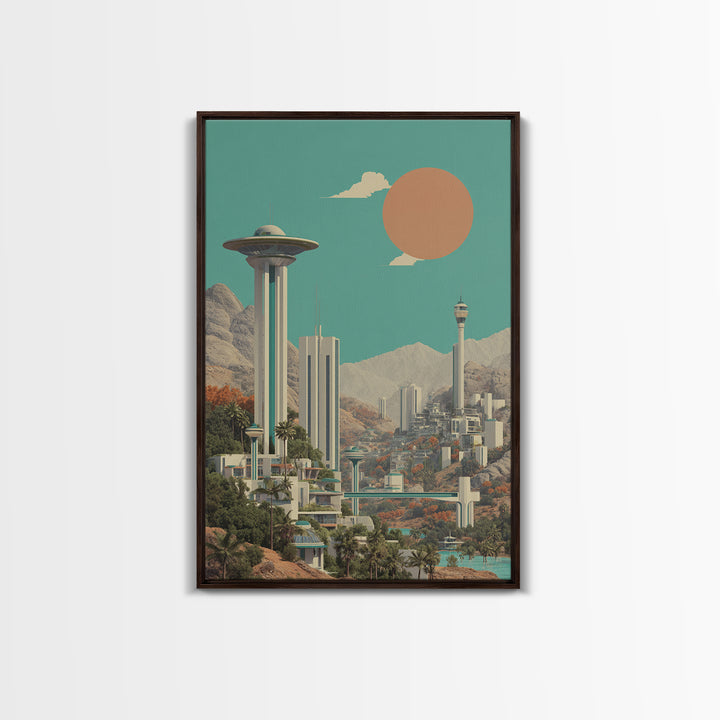 Futuristic Desert City With Saucer Tower Canvas Print, Midcentury Modern Wall Art, Sci Fi Retro Travel Poster Home Decor