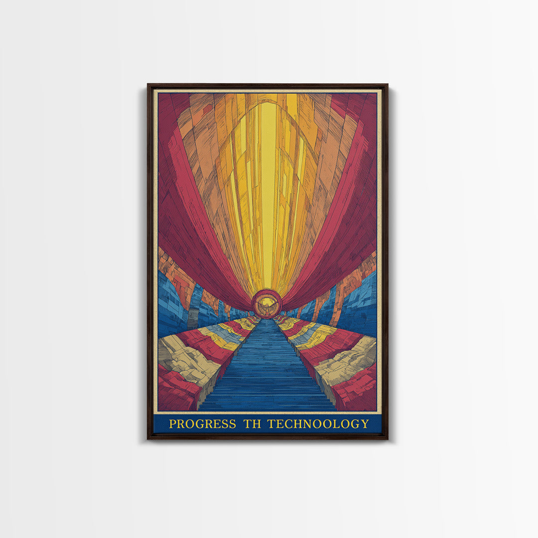 Glowing Futurist Technology Tunnel Wall Art, Retro Sci Fi Poster, Modern Abstract Art Print, Colorful Geometric Home Decor